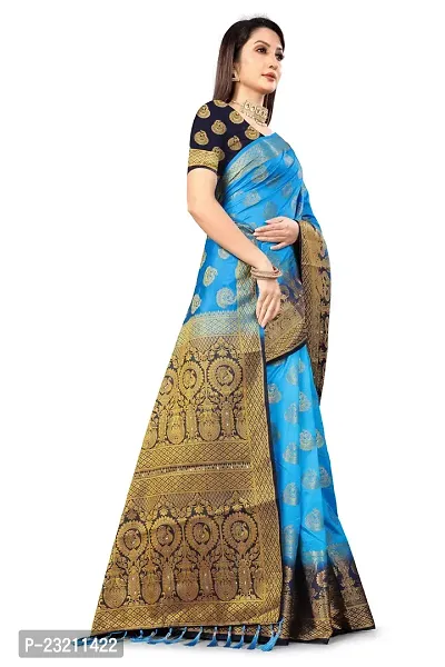 RUDRA NX Women's Banarasi Silk Saree || Zari Woven Kanjivaram Sarees With Unstitched Blouse Piece | (Color: Firozi)-thumb3