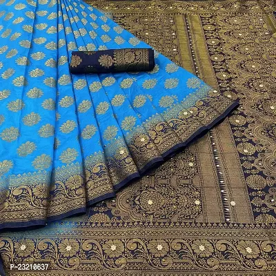 RUDRA NX Women's Banarasi Silk Saree || Zari Woven Kanjivaram Sarees With Unstitched Blouse Piece (Light Blue)-thumb0