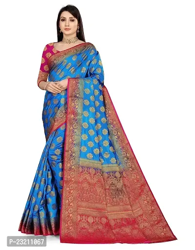 RUDRA NX Women's Banarasi Silk Saree || Zari Woven Kanjivaram Sarees With Unstitched Blouse Piece (Blue Rani)-thumb0