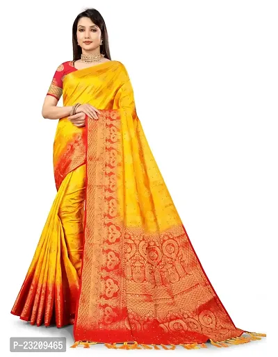 RUDRA NX Women's Banarasi Silk Saree || Zari Woven Kanjivaram Sarees With Unstitched Blouse Piece | (Color: Yellow Red)-thumb0