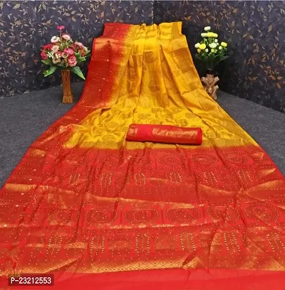RUDRA NX Women's Banarasi Silk Saree || Zari Woven Kanjivaram Sarees With Unstitched Blouse Piece | | (Color: Yellow red)-thumb5