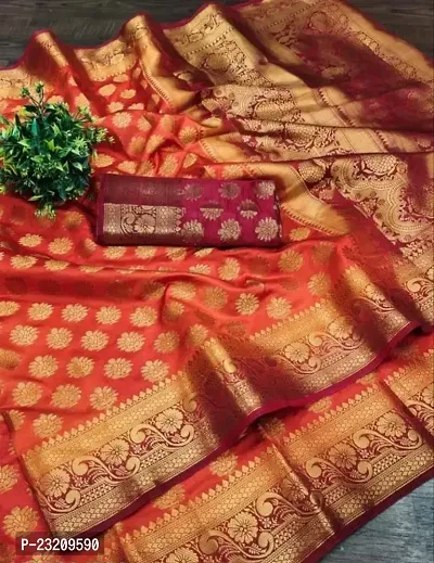 RUDRA NX Women's Banarasi Silk Saree || Zari Woven Kanjivaram Sarees With Unstitched Blouse Piece (Saffron)-thumb2
