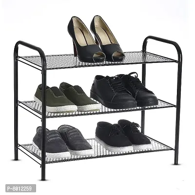 DecorSecrets 3 Shelf Premium Quality Collapsible and Foldable Metal Shoe Rack, Metal Shoe Stand (Black)-thumb0