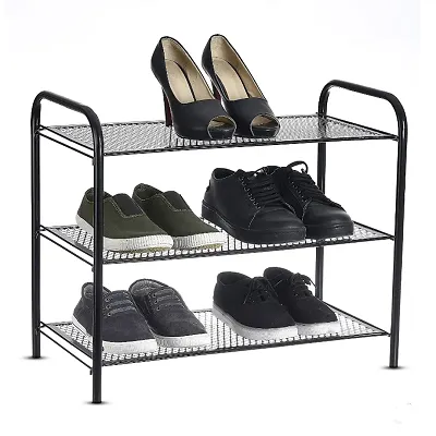 DecorSecrets 3 Shelf Premium Quality Collapsible and Foldable Metal Shoe Rack, Metal Shoe Stand (Black)