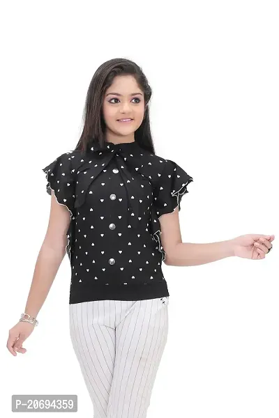 Maream Enterprise Cotton Casual Regular Fit Polka Dot Ruffle Sleeves Top (Black, 9-10 Years)