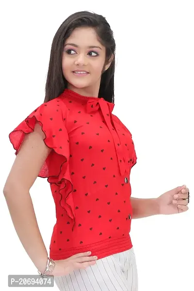 Maream Enterprise Cotton Casual Regular Fit Polka Dot Ruffle Sleeves Top (Red, 11-12 Years)-thumb2