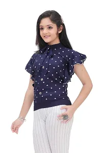 Maream Enterprise Cotton Casual Regular Fit Polka Dot Ruffle Sleeves Top (Blue, 8-9 Years)-thumb1