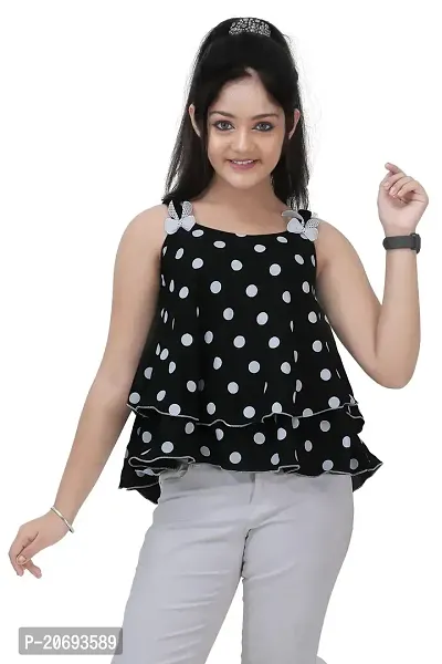 Maream Enterprise Cotton Casual Regular Fit Polka Dot Sleeveless Top (Black, 8-9 Years)