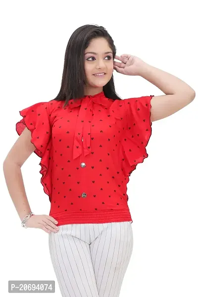 Maream Enterprise Cotton Casual Regular Fit Polka Dot Ruffle Sleeves Top (Red, 11-12 Years)