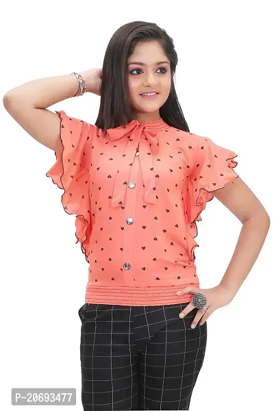 Maream Enterprise Cotton Casual Regular Fit Polka Dot Ruffle Sleeves Top (Peach, 11-12 Years)