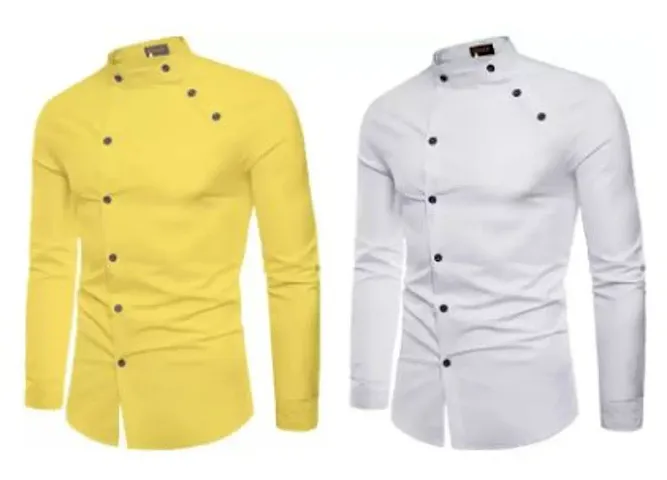 Men Regular Fit Solid Mandarin Collar Casual Shirt Pack of 2