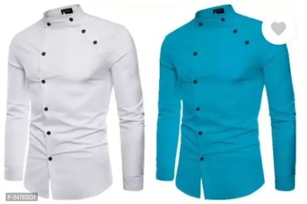 Men Regular Fit Solid Mandarin Collar Casual Shirt  Pack of 2