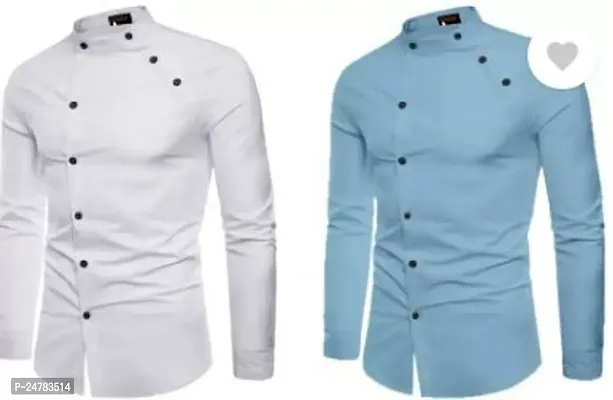 Men Regular Fit Solid Mandarin Collar Casual Shirt  Pack of 2