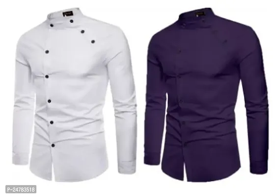 Men Regular Fit Solid Mandarin Collar Casual Shirt  Pack of 2