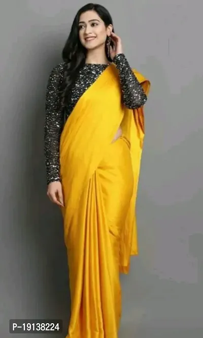 Stylish Satin Silk Yellow Printed Saree with Blouse piece For Women-thumb0