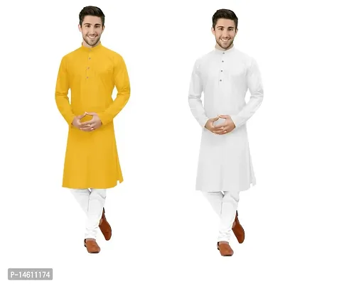 Stylish Cotton Blend Solid Straight Knee Length Kurta For Men Pack Of 2