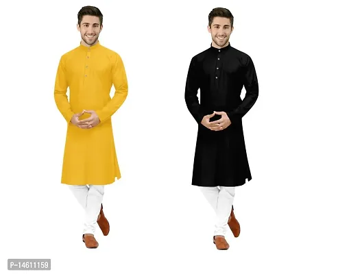 Stylish Cotton Blend Solid Straight Knee Length Kurta For Men Pack Of 2-thumb0