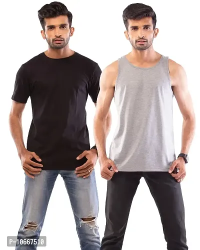 Lappen Fashion Combo of Men?s T-Shirts | Half Sleeve and Sandoz T-Shirts | Hooded Sleeveless | Round Neck | for Running Sports Gym Wear | Trendy & Stylish Look ? Set of 2 (X-Large, Black&Grey)