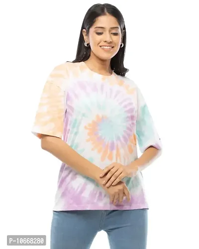 Lappen Fashion Women's Tie Dye Oversize T-Shirt I Printed Long Baggy Style T-Shirts with Loose Fit I Cotton Half Sleeve Round Neck Sprayed Tshirts I for Girls and Women (Small, Pro Baggy)-thumb0