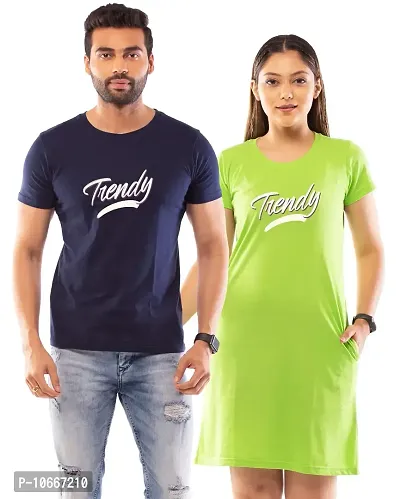 Lappen Fashion Couple?s Printed T-Shirt | Tee Dress for Women | Half Sleeve Tees for Men | Round Neck | Pre Wedding Tshirt | Stylish Look | Trendy Theme - Set of 2 (Small, Green & Blue)