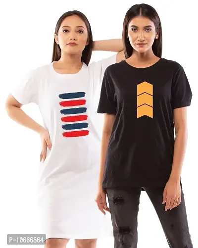 Lappen Fashion Women?s Printed T-Shirt | Combo of Tee Dress and Half Sleeve Tshirts | Round Neck | Long T-Shirts | Trendy & Stylish Theme Tees - Set of 2 (Small, White & Black)-thumb0