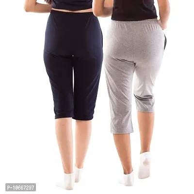 Lappen Fashion Women?s Bottom Wear | Combo of Half Pants | Capri Pants | Regular Fit Night Wear | One-Sided Pocket | for use Running Sports | Stylish Look (Large, Grey & Blue)-thumb2