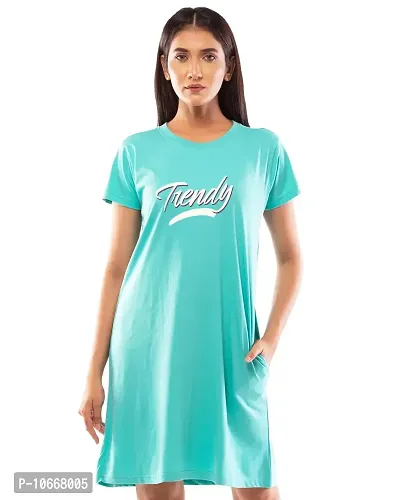Lappen Fashion Women's Printed Tee Dress | A-Line Long T-Shirt for Girls | Nightwear | Half Sleeve Knee Length Top with Pockets | Slim Fit Tshirts ? Trendy Wordings Theme (Small, Light Blue)