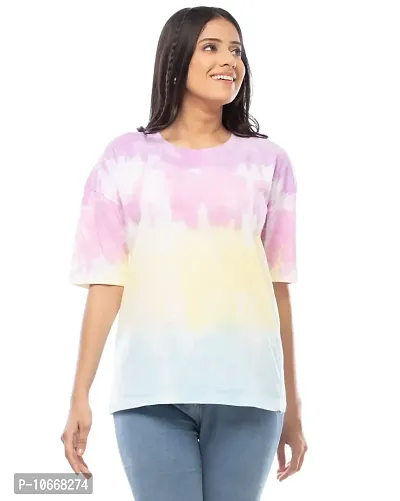 Lappen Fashion Women's Tie Dye Oversize T-Shirt I Printed Long Baggy Style T-Shirts with Loose Fit I Cotton Half Sleeve Round Neck Sprayed Tshirts I for Girls and Women (Small, TIO Shades)