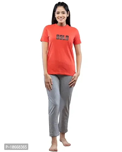 Lappen Fashion Women?s Printed Night Wear I Half Sleeve T-Shirts with Track Pants I Cotton Regular Fit Joggers with Pocket I Night Dress for Sports Gym (Small, Bold Wordings Theme, Orange  Grey)