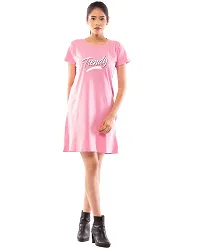 Lappen Fashion Women's Printed Tee Dress | A-Line Long T-Shirt for Girls | Nightwear | Half Sleeve Knee Length Top with Pockets | Slim Fit Tshirts ? Trendy Wordings Theme (Small, Light Pink)-thumb2
