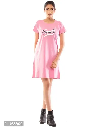 Lappen Fashion Women's Printed Tee Dress | A-Line Long T-Shirt for Girls | Nightwear | Half Sleeve Knee Length Top with Pockets | Slim Fit Tshirts ? Trendy Wordings Theme (Small, Light Pink)-thumb3