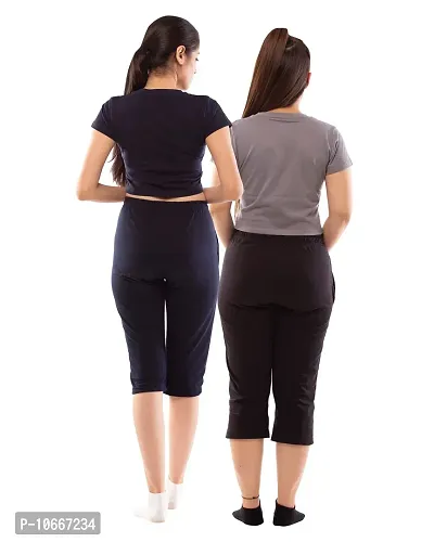 Lappen Fashion Women?s Bottom Wear | Combo of Half Pants | Capri Pants | Regular Fit Night Wear | One-Sided Pocket | for use Running Sports | Stylish Look (Small, Black & Blue)-thumb2