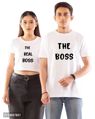 Lappen Fashion Couple?s Printed T-Shirt | Crop Top for Women | Half Sleeve Tees for Men | Cotton Round Neck | Pre Wedding Tshirt | Stylish Look | The Boss Theme - Combo Pack (Large, White)-thumb0