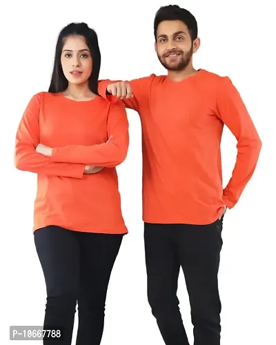 Lappen Fashion Couple Cotton Full Sleeve T-Shirt | Regular Slim Fit Plain Solid Tshirts | Pure Cotton | Round Neck, Ultra Soft |Pre Wedding Tshirt | Stylish Look (Medium, Orange)