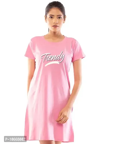 Lappen Fashion Women's Printed Tee Dress | A-Line Long T-Shirt for Girls | Nightwear | Half Sleeve Knee Length Top with Pockets | Slim Fit Tshirts ? Trendy Wordings Theme (Small, Light Pink)-thumb0