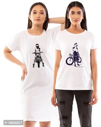 Lappen Fashion Women?s Printed T-Shirt | Combo of Tee Dress and Half Sleeve Tshirts | Round Neck | Long T-Shirts | Trendy & Stylish | Cool Riders Theme Tees - Set of 2 (XX-Large, White)