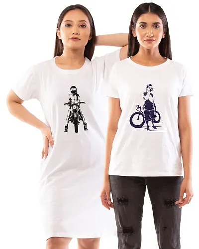 Lappen Fashion Women?s Printed T-Shirt | Combo of Tee Dress and Half Sleeve Tshirts | Round Neck | Long T-Shirts for Girls | Trendy & Stylish | Cool Riders Theme Tees - Set of 2