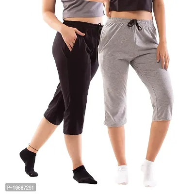 Lappen Fashion Women?s Bottom Wear | Combo of Half Pants | Capri Pants | Regular Fit Night Wear | One-Sided Pocket | for use Running Sports | Stylish Look (Large, Black & Grey)-thumb0