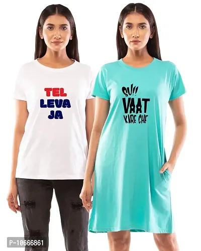 Lappen Fashion Women?s Printed T-Shirt | Combo of Tee Dress and Half Sleeve Tshirts | Long T-Shirts | Trendy & Stylish | Tel Leva Ja Gujju Theme Tees - Set of 2 (Large, Light Blue & White)