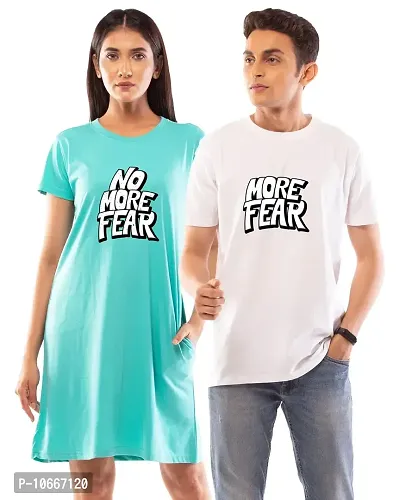 Lappen Fashion Couple?s Printed T-Shirt | Tee Dress for Women | Half Sleeve Tees | Pre Wedding Tshirt | Stylish Look | No More Fear Wordings Wordings Theme - Set of 2 (Medium, Light Blue & White)