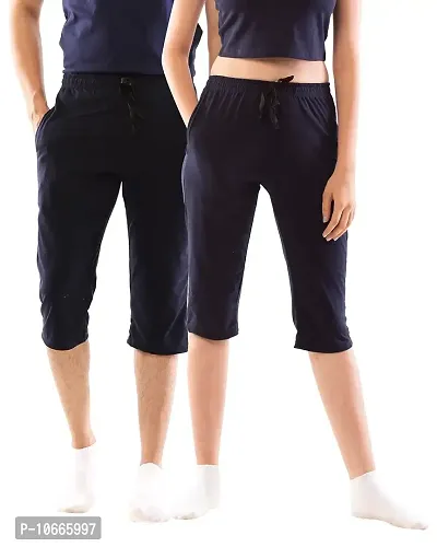 Lappen Fashion Combo of Half Pants for Couple?s | Regular Fit Plain Cotton Bottom Wear | Capri Pants | Pure Cotton, Ultra Soft | for use Running Sports Gym | Casual Stylish Look (Large, Navy Blue)