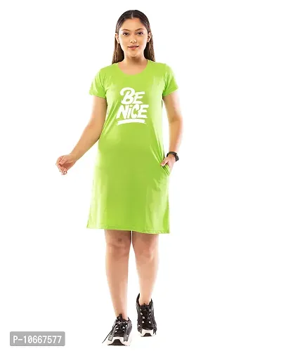 Lappen Fashion Women's Printed Tee Dress | A-Line Long T-Shirt for Girls | Nightwear | Round Neck Half Sleeve Cotton Knee Length Top with Pockets | Slim Fit Tshirts ? Be Nice Wordings Theme (Small, Green)-thumb3