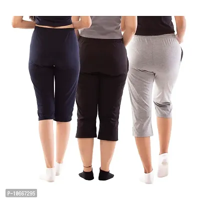 Lappen Fashion Women?s Bottom Wear | Combo of Half Pants | Capri Pants | Regular Fit Night Wear | One-Sided Pocket | for use Running Sports | Stylish Look (Small, Black & Grey & Blue)-thumb2