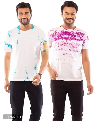 Lappen Fashion Combo of Men's Tie & Dye T-Shirt | Half Sleeve Round Neck Slim Fit Cotton | Sprayed Tshirts | Printed T-Shirts | Casual Smart Look (Large, Blue Sides Sports & Purple Half crumple)