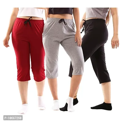 Lappen Fashion Women?s Bottom Wear | Combo of Half Pants | Capri Pants | Regular Fit Night Wear | One-Sided Pocket | for use Running Sports | Stylish Look (Medium, Black & Grey & Maroon)-thumb0