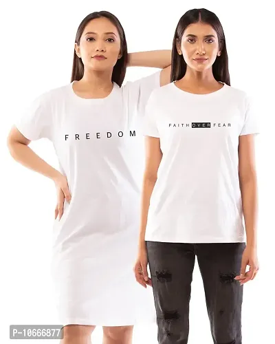 Lappen Fashion Women?s Printed T-Shirt | Combo of Tee Dress and Half Sleeve Tshirts | Round Neck | Long T-Shirts | Trendy & Stylish | Freedom Theme Tees - Set of 2 (XX-Large, White)