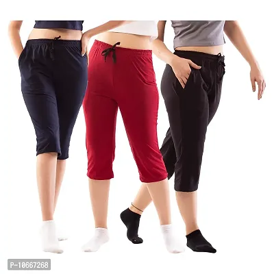 Lappen Fashion Women?s Bottom Wear | Combo of Half Pants | Capri Pants | Regular Fit Night Wear | One-Sided Pocket | for use Running Sports | Stylish Look (Large, Black & Maroon & Blue)-thumb0