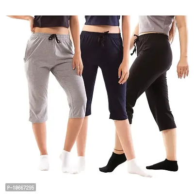 Lappen Fashion Women?s Bottom Wear | Combo of Half Pants | Capri Pants | Regular Fit Night Wear | One-Sided Pocket | for use Running Sports | Stylish Look (Small, Black & Grey & Blue)-thumb0