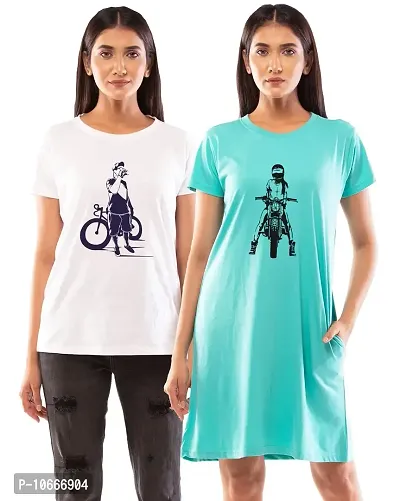 Lappen Fashion Women?s Printed T-Shirt | Combo of Tee Dress and Half Sleeve Tshirts | Round Neck | Long T-Shirts | Trendy & Stylish | Cool Riders Theme Tees - Set of 2 (Small, Light Blue & White)