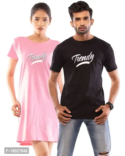 Lappen Fashion Couple?s Printed T-Shirt | Tee Dress for Women | Half Sleeve Tees for Men | Round Neck | Pre Wedding Tshirt | Stylish Look | Trendy Theme - Set of 2 (X-Large, Pink & Black)-thumb0